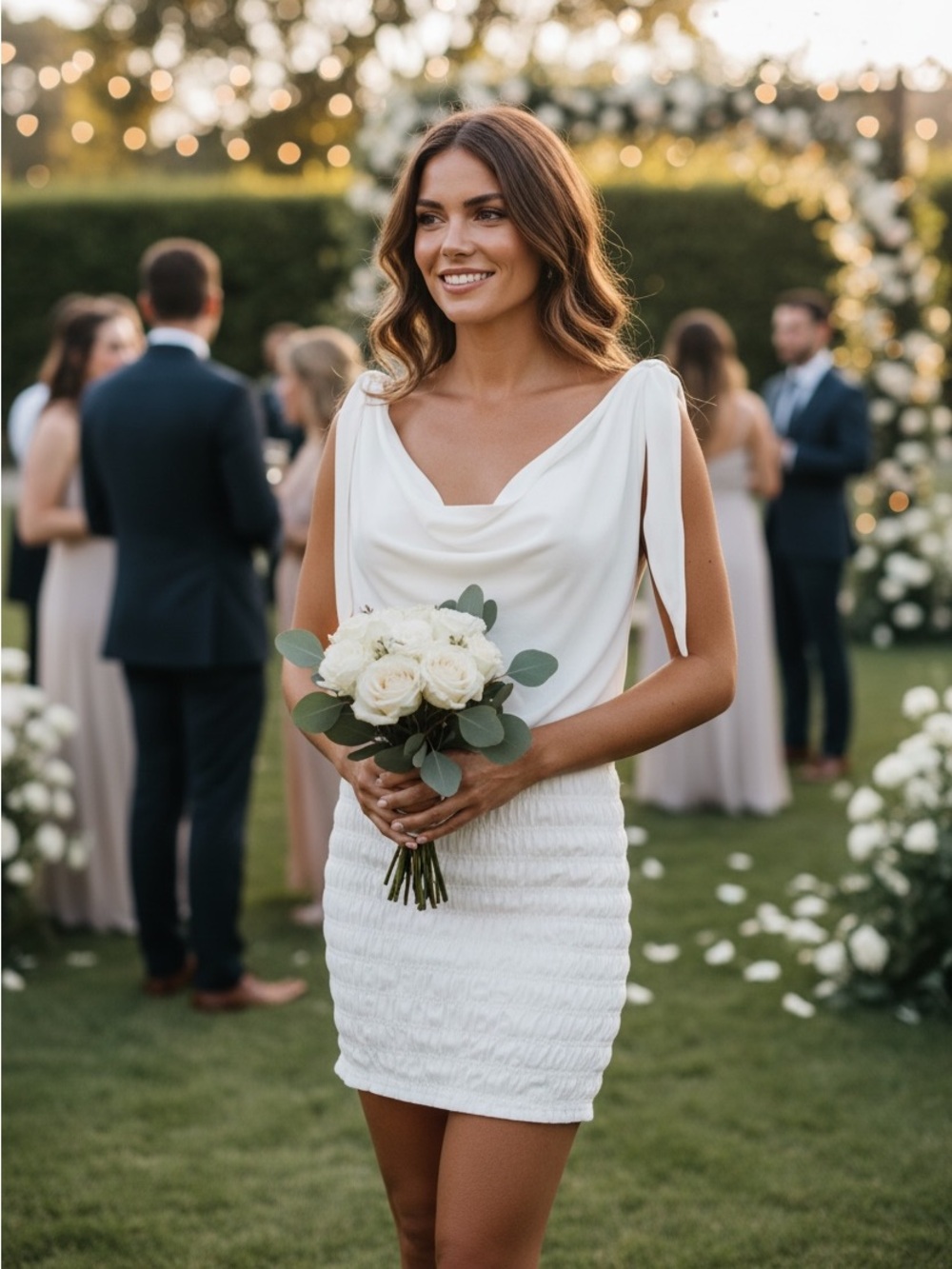 Indah White Cowl Neck Tie-Shoulder Mini Dress